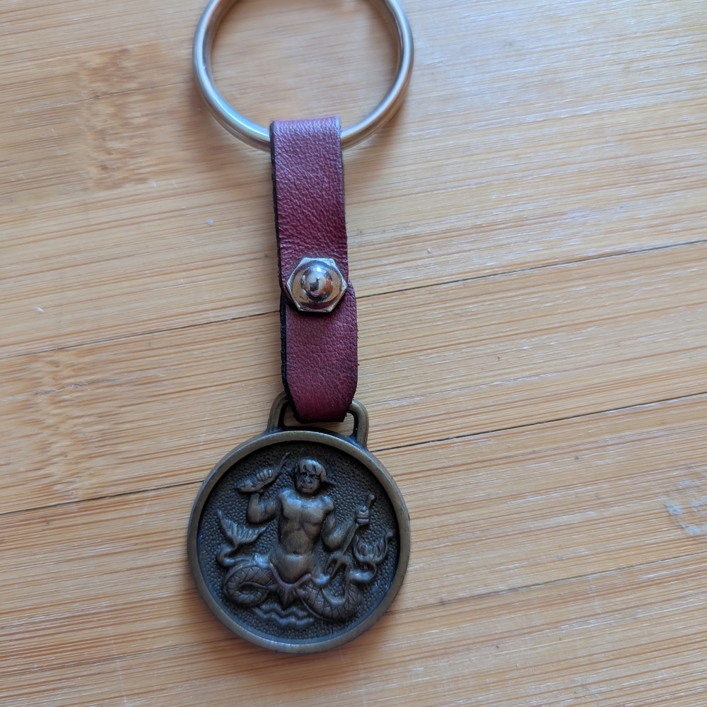 Leather Strap Keychain with Bronze Mythical Medallion - Burgundy